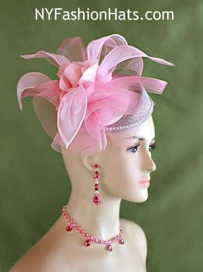 Kentucky Derby Hat, Grey Pink Sinamay Straw Pillbox Cocktail Hat Wedding Fascinator