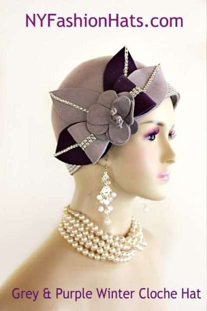 Ladies Grey Purple Winter Wool Cloche Flapper Designer Fashion Hat