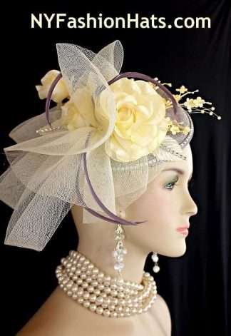 Grey Pale Yellow Rose Bud Rhinestone Sinamay Straw Wedding Bridal Fascinator