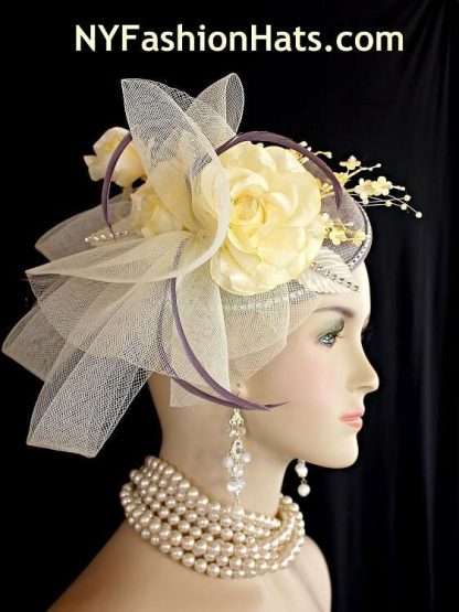 Grey Pale Yellow Rose Bud Rhinestone Sinamay Straw Wedding Bridal Fascinator