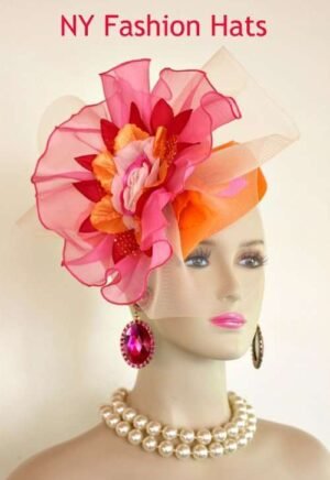 Fascinator Hat For Wedding Church Formal Dress Orange Hot Pink Pillbox Style