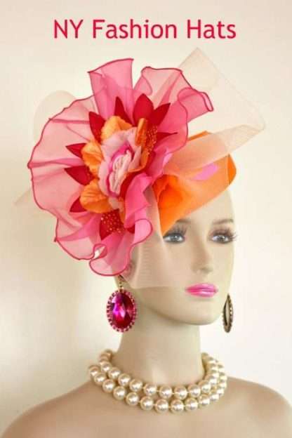 Fascinator Hat For Wedding Church Formal Dress Orange Hot Pink Pillbox Style