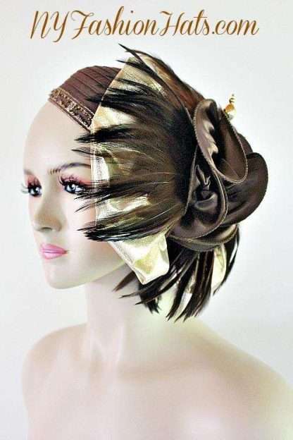 Designer Brown Satin Feather Metallic Gold Art Deco Flapper Hat Cocktail Hats Headdress HNZ9