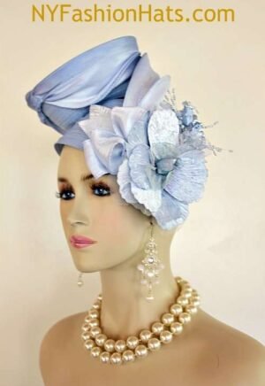 Womens Haute Couture Designer Hats, Avant Garde Dress Hats, Formal Wedding Hats, Mother Of The Bride Hats, Bridal Fascinator, Kentucky Derby Hats, Hats For Horse Races, Hat Satin Pastel Baby Blue Pillbox Velvet Flower Shaped Women's Designer Hats