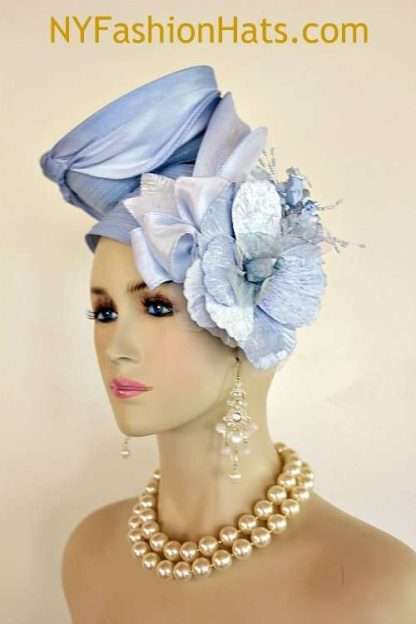 Womens Haute Couture Designer Hats, Avant Garde Dress Hats, Formal Wedding Hats, Mother Of The Bride Hats, Bridal Fascinator, Kentucky Derby Hats, Hats For Horse Races, Hat Satin Pastel Baby Blue Pillbox Velvet Flower Shaped Women's Designer Hats