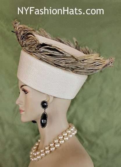 Hat Haute Couture Ivory Brown Feathered Pillbox Fashion Runway Designer Women's Hats - Image 2