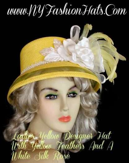 Hats Women's Yellow Dress Hat With A White Silk Rose