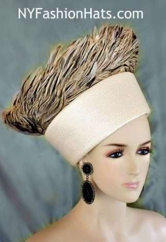 Hat Haute Couture Ivory Brown Feathered Pillbox Fashion Runway Designer Women's Hats