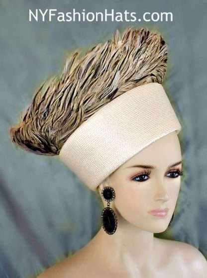 Hat Haute Couture Ivory Brown Feathered Pillbox Fashion Runway Designer Women's Hats