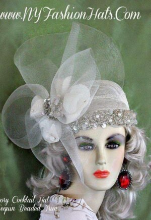 Ladies Ivory Cocktail Hat Silver Beaded Sequin Designer Rhinestones