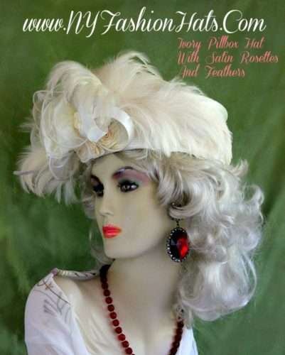 Ladies Ivory Pillbox Wedding Hat With Satin Rosettes Organza Feathers
