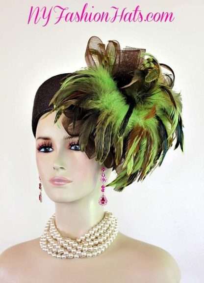 Women's Designer Brown Lime Green Pillbox Hat Feathers, Formal Hats 333V - Image 3