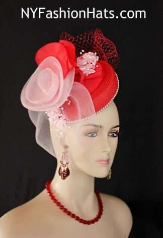 Ladies Red Pink Designer Wedding Fascinator Pillbox Cocktail Hat Custom Hats Millinery