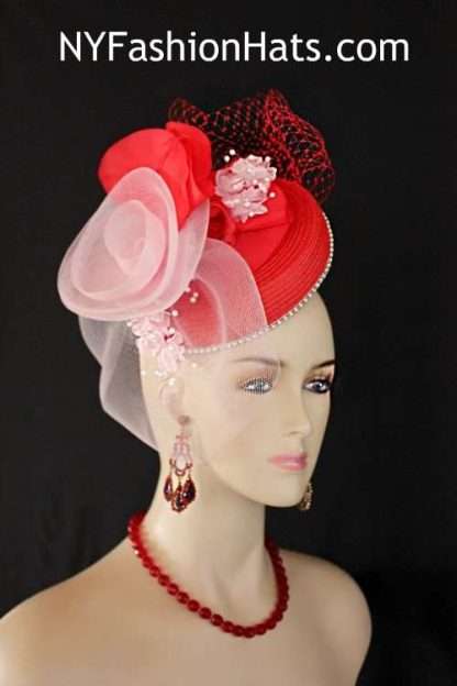 Ladies Red Pink Designer Wedding Fascinator Pillbox Cocktail Hat Custom Hats Millinery