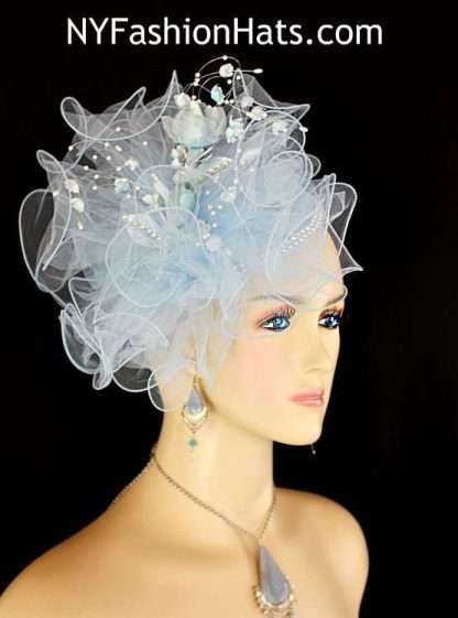 Baby Blue Rose Bud Rhinestone Sinamay Straw Wedding Bridal Fascinator, Cocktail Hats Brides Derby Formal - Image 3