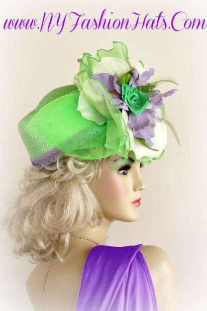 Formal Pillbox Wedding Church Hat For Women, Lime Green Lavender White Bridal Headpiece, Hats For Horse Races, CoutureDesignerHats, NYFashionHats, Cora - Image 2