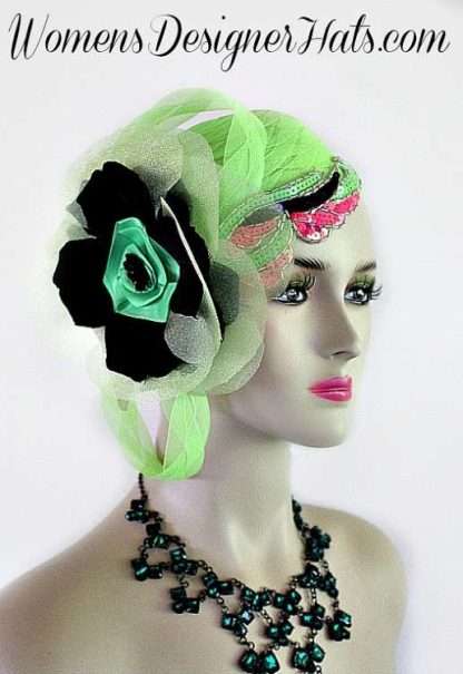 Lime Green Black Hot Pink 1920's Flapper Hat Pillbox Cocktail Hats 191