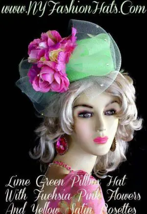 Lime Green Pillbox Designer Hat Fuchsia Pink Roses