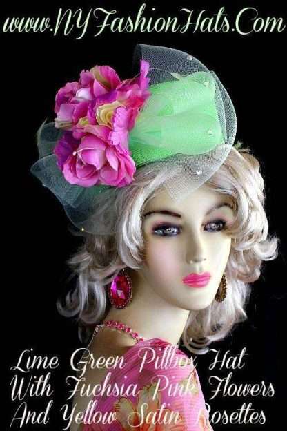 Lime Green Pillbox Designer Hat Fuchsia Pink Roses