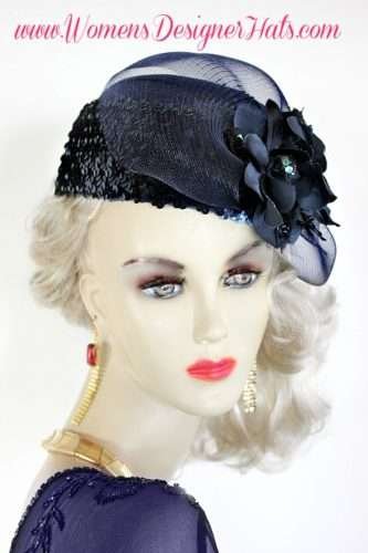 Navy Blue 1920s Sheer Cloche Hat Headpiece Wih Sequin