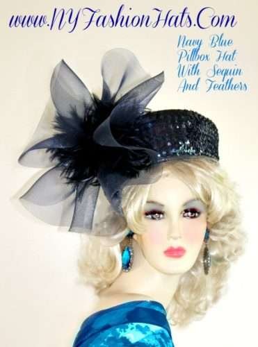 Ladies Navy Blue Designer Sequin Pillbox Hat NY Fashion Hats 3GM