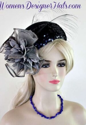 Womens Haute Couture Designer Hats, Avant Garde Dress Hats, Formal Wedding Hats, Mother Of The Bride Hats, Bridal Fascinator, Pillbox Hats, Satin Hats, Large Brim Hats, Kentucky Derby Hats, Hats For Horse Races, hatswomens.com, Ladies Navy Blue Silver Grey Pillbox Cocktail Hat Flapper Wedding Hats A30