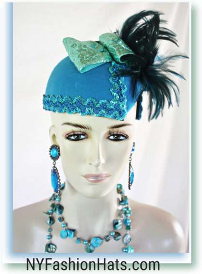 Haute Couture Statement Turquoise Blue Green Winter Cocktail Hat Wedding Fascinator For Women