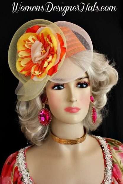 Cocktail Hat Orange Yellow Flapper Headpiece, Women's Designer Hats - Image 3