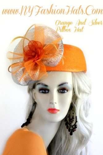 Ladies Orange Designer Pillbox Hat Linen Flower Metallic Silver Bow