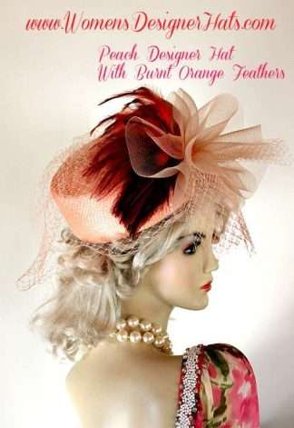 Peach Pillbox Designer Dress Hat Burnt Orange Feathers