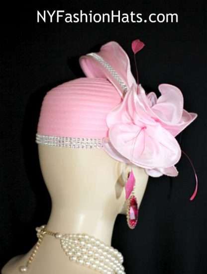 Ladies Soft Hot Pink Satin Designer Fashion Hat With Rhinestones, Wedding Church Dress Hats - Image 3