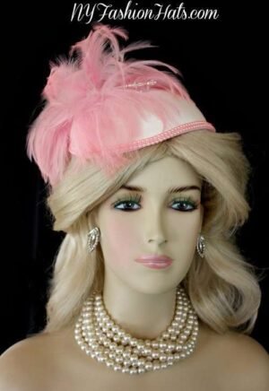 Women's Soft Pink Satin Cocktail Hat With Feathers Wedding Church Couture Bridal Headpiece Hats 29MK