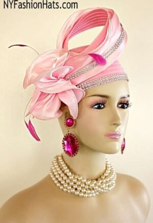 Ladies Soft Hot Pink Satin Designer Fashion Hat With Rhinestones