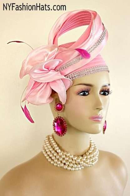 Ladies Soft Hot Pink Satin Designer Fashion Hat With Rhinestones