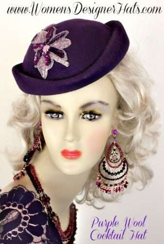 Ladies Winter Wool Purple Designer Pillbox Cocktail Hat