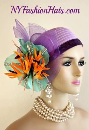 Women's Designer Purple Lavender Aqua Orange Rhinestone Satin Pillbox Cloche Cocktail Hat Wedding Fascinator