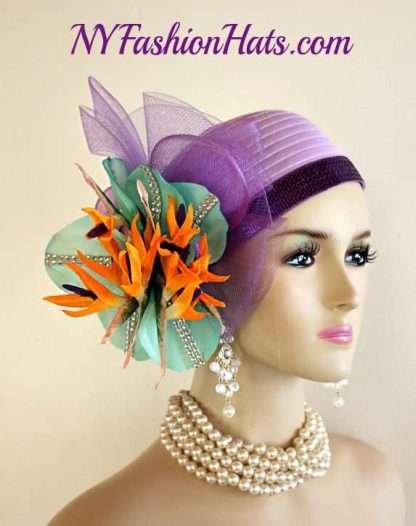 Women's Designer Purple Lavender Aqua Orange Rhinestone Satin Pillbox Cloche Cocktail Hat Wedding Fascinator