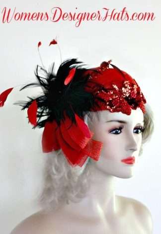 Ladies Red Black Cocktail Hat Pillbox Wedding Fascinator Designer Hats 30H