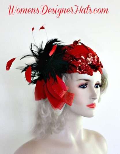 Ladies Red Black Cocktail Hat Pillbox Wedding Fascinator Designer Hats 30H