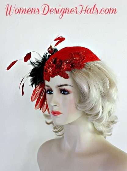 Ladies Red Black Cocktail Hat Pillbox Wedding Fascinator Designer Hats 30H - Image 2