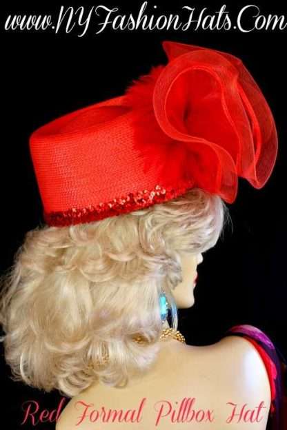 Red Feather Pillbox Formal Church Hat, Women's Kentucky Derby Hat, CoutureDesignerHats, Justine - Image 2