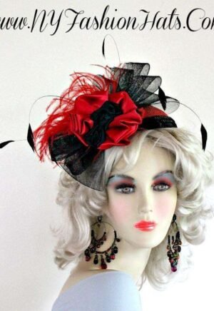 Ladies Black Red Formal Cocktail Wedding Hat Satin Feathers Hats