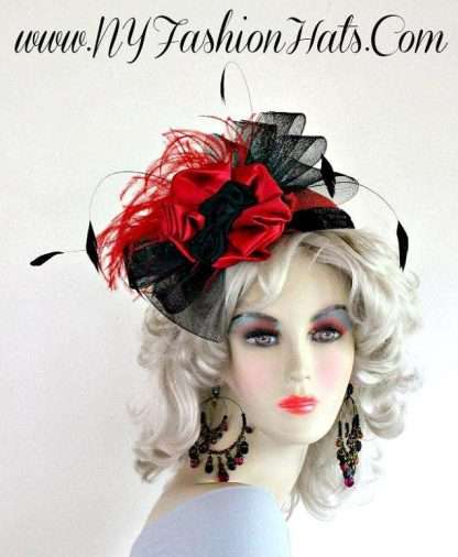 Ladies Black Red Formal Cocktail Wedding Hat Satin Feathers Hats
