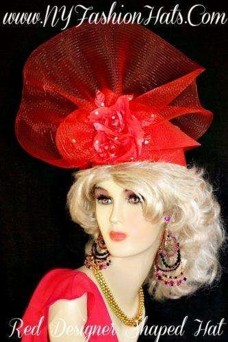 Red Formal Shaped Designer Hat Silk Roses Rhinestones NY Fashion Hats