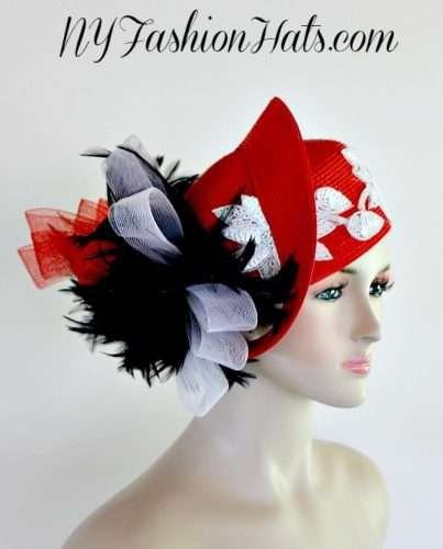 Red Pillbox White Sequin Black Feather Designer Fashion Hat Woman Hats
