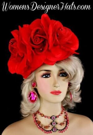 Ladies Red Sinamay Straw Silk Roses Pillbox Cocktail Hat Designer Hats