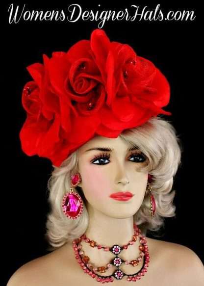 Ladies Red Sinamay Straw Silk Roses Pillbox Cocktail Hat Designer Hats