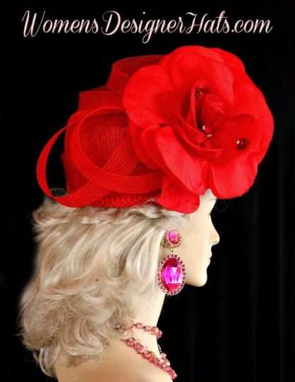 Ladies Red Sinamay Straw Silk Roses Pillbox Cocktail Hat Designer Hats R29B - Image 2