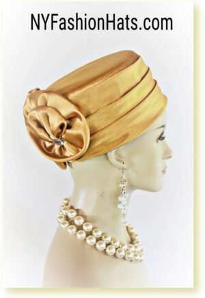 Classic Antique Gold Satin Pillbox Formal Church Temple Hat