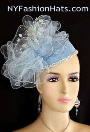 Baby Blue Rose Bud Rhinestone Sinamay Straw Wedding Bridal Fascinator
